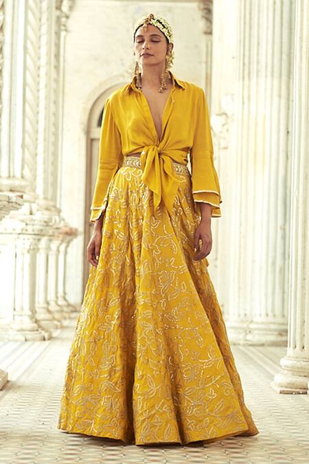 Gopi Vaid_Yellow Skirt Tussar Silk, Top Crepe Floral, Gota Aqueedat And Victorian Set _at_Aza_Fashions