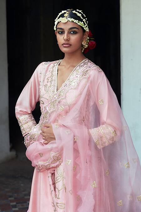 Buy_Gopi Vaid_Pink Dupatta Organza, Kurta And Churidar Tussar Ishanya Embellished Anarkali Set_Online_at_Aza_Fashions