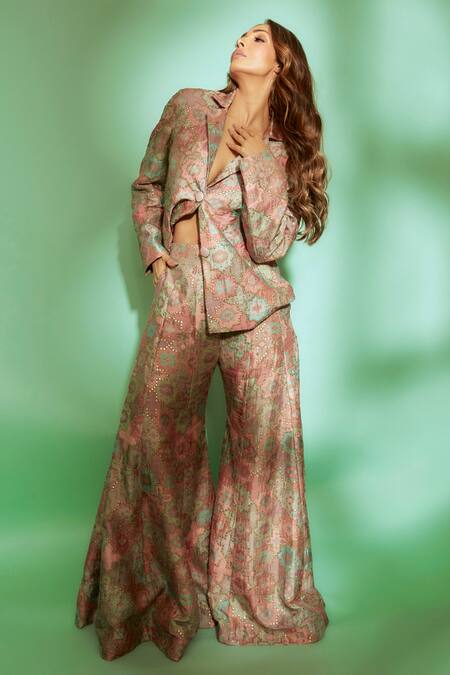 Shop Gopi Vaid Pink Tussar Silk Qutub Print Lapel Collar Sejal Blazer And Panel Pant Set at Aza Fashions Shop_Gopi Vaid_Pink Tussar Silk Qutub Print Lapel Collar Sejal Blazer And Panel Pant Set_at_Aza_Fashions