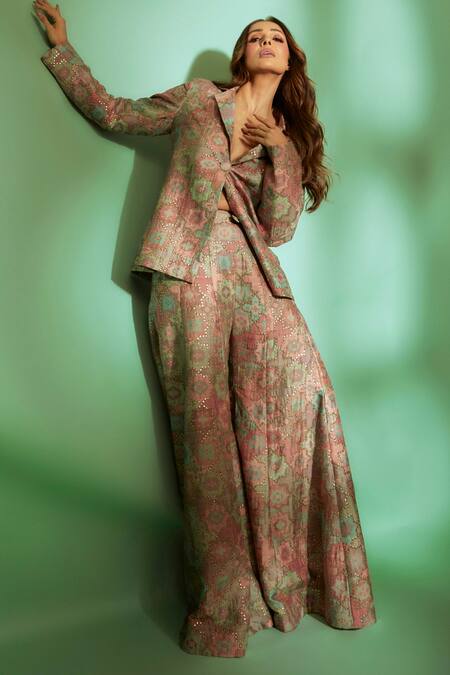 Gopi Vaid Pink Tussar Silk Qutub Print Lapel Collar Sejal Blazer And Panel Pant Set Online at Aza Fashions Gopi Vaid_Pink Tussar Silk Qutub Print Lapel Collar Sejal Blazer And Panel Pant Set_Online_at_Aza_Fashions