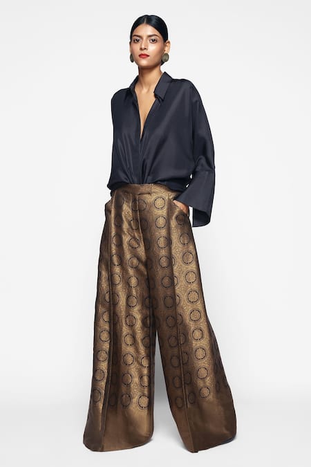 Payal Khandwala_Black Silk Floral Pattern Palazzo_Online_at_Aza_Fashions