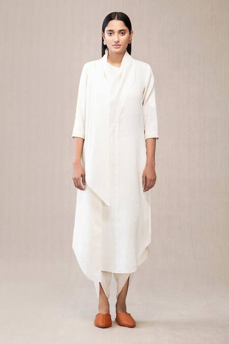 Ampm White Linen Draped Kurta And Dhoti Pant Set Online at Aza Fashions Ampm_White Linen Draped Kurta And Dhoti Pant Set_Online_at_Aza_Fashions