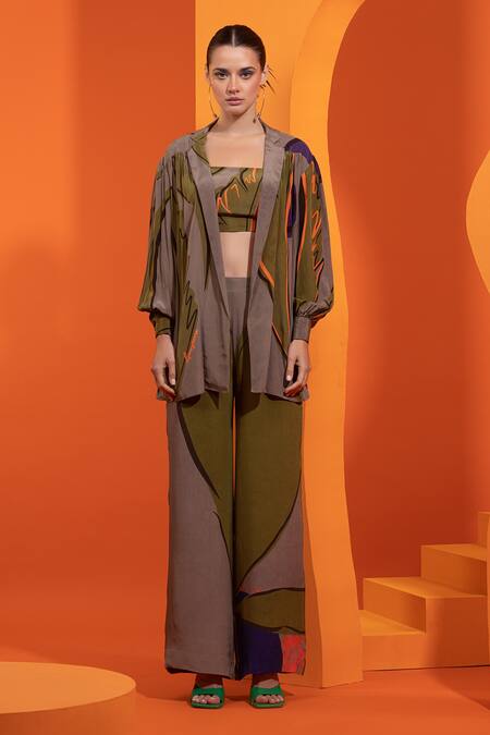 Nautanky Purple Crepe Fabric Flowers Square Neck Blazer Detail Open Shirt And Pant Set Online at Aza Fashions Nautanky_Purple Crepe Fabric Flowers Square Neck Blazer Detail Open Shirt And Pant Set _Online_at_Aza_Fashions