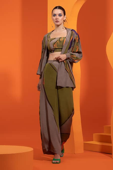 Shop Nautanky Purple Crepe Fabric Flowers Square Neck Blazer Detail Open Shirt And Pant Set Online at Aza Fashions Shop_Nautanky_Purple Crepe Fabric Flowers Square Neck Blazer Detail Open Shirt And Pant Set _Online_at_Aza_Fashions