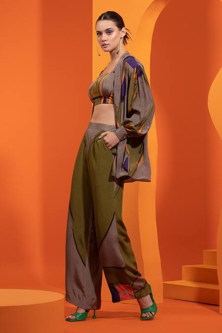 Nautanky Purple Crepe Fabric Flowers Square Neck Blazer Detail Open Shirt And Pant Set at Aza Fashions Nautanky_Purple Crepe Fabric Flowers Square Neck Blazer Detail Open Shirt And Pant Set _at_Aza_Fashions