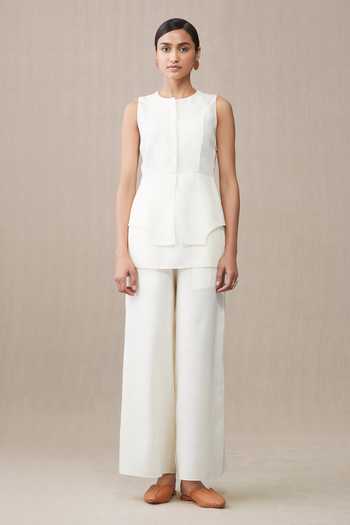 Shop_Ampm_White Adel Linen Waistcoat And Palazzo Set_Online_at_Aza_Fashions