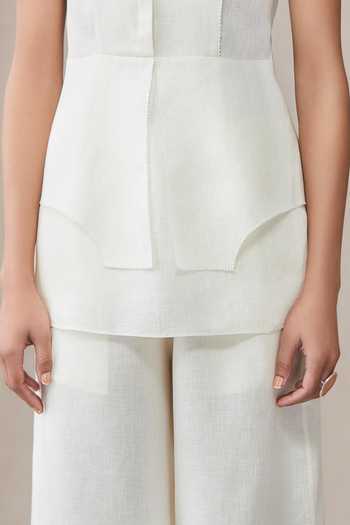 Ampm_White Adel Linen Waistcoat And Palazzo Set_at_Aza_Fashions
