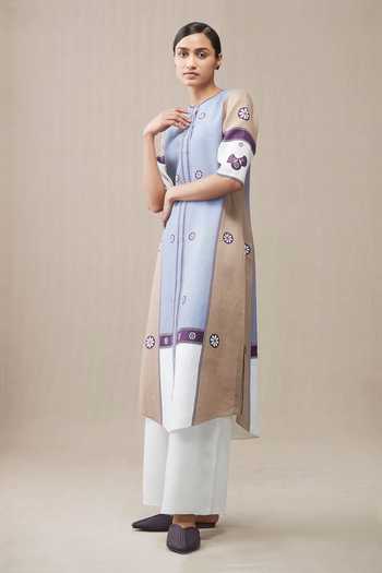 Ampm_Blue Azizah Linen Tunic And Palazzo Set_Online_at_Aza_Fashions