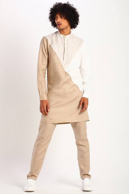Son Of A Noble Snob_Beige Linen Color Block Kurta_Online_at_Aza_Fashions