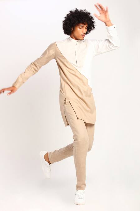Buy_Son Of A Noble Snob_Beige Linen Color Block Kurta_Online_at_Aza_Fashions