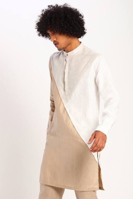 Shop_Son Of A Noble Snob_Beige Linen Color Block Kurta_Online_at_Aza_Fashions