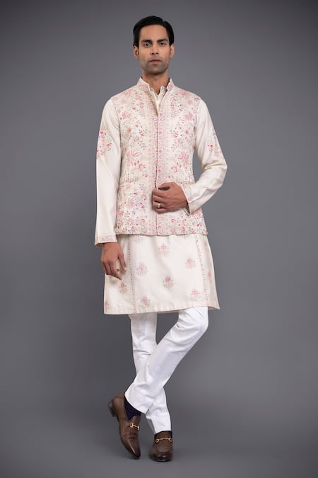 Raghavendra Rathore Jodhpur Off White Linen Silk Embroidery Thread Waistcoat 