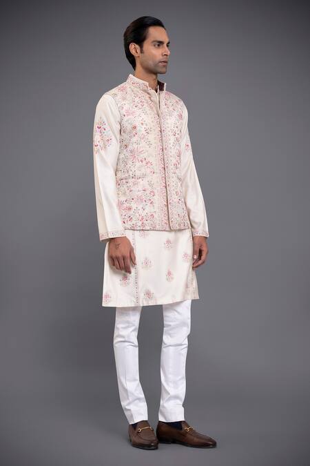 Raghavendra Rathore Jodhpur_Off White Linen Silk Thread Waistcoat_Online_at_Aza_Fashions