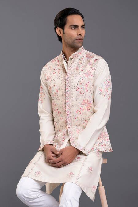 Buy_Raghavendra Rathore Jodhpur_Off White Linen Silk Thread Waistcoat_Online_at_Aza_Fashions
