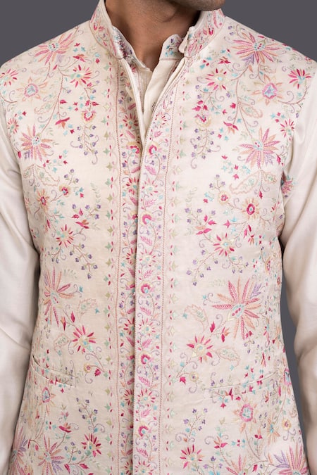 Shop_Raghavendra Rathore Jodhpur_Off White Linen Silk Thread Waistcoat_Online_at_Aza_Fashions