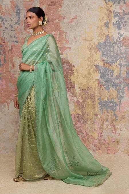 Buy_Devnaagri_Green Woven Silk Organza V Neck Saree With Blouse _Online_at_Aza_Fashions