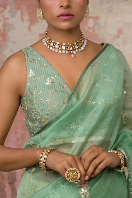 Shop_Devnaagri_Green Woven Silk Organza V Neck Saree With Blouse _Online_at_Aza_Fashions