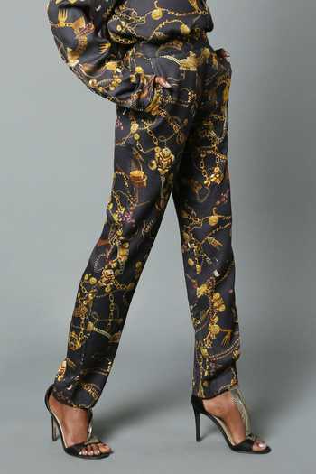 House Of Three_Black Viscose Satin Jewel Print Dravidian Trouser _Online_at_Aza_Fashions