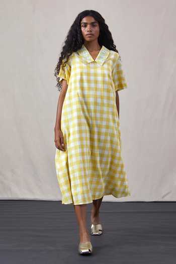 Shop The Summer House Yellow Cotton Embroidery Collared Navvi Handwoven Dress Online at Aza Fashions Shop_The Summer House_Yellow Cotton Embroidery Collared Navvi Handwoven Dress_Online_at_Aza_Fashions