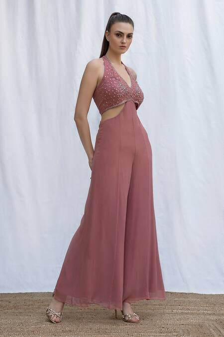 Buy Amrta By Guneet Kondal Pink Viscose Beads, Sequins Halter Neck Bailey Embroidered Jumpsuit Online at Aza Fashions Buy_Amrta By Guneet Kondal_Pink Viscose Beads, Sequins Halter Neck Bailey Embroidered Jumpsuit _Online_at_Aza_Fashions