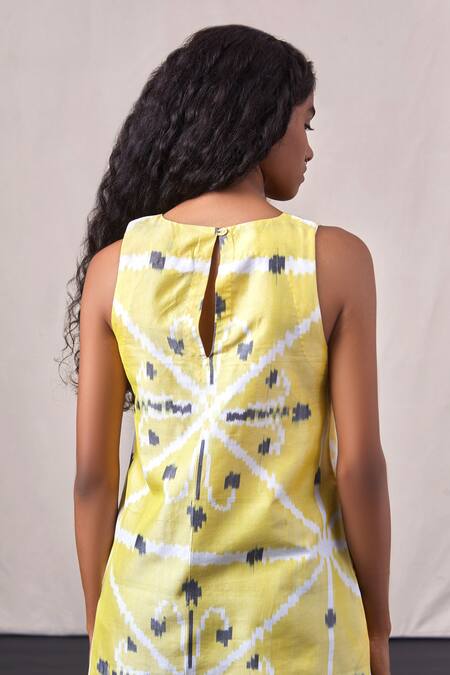 The Summer House_Yellow Silk, Cotton Round Neck Kalai Woven Dress_at_Aza_Fashions