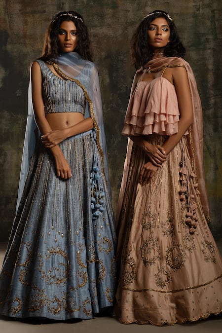 Shop Mona And Vishu Blue Lehenga And Blouse Dupion Silk Dupatta Linear Floral Embroidered Set Online at Aza Fashions Shop_Mona And Vishu_Blue Lehenga And Blouse Dupion Silk Dupatta Linear Floral Embroidered Set _Online_at_Aza_Fashions