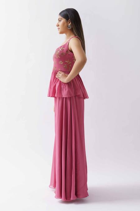 Suruchi Parakh Pink Georgette Lining Shantoon Sequin V Neck Tunic And Pant Set Online at Aza Fashions Suruchi Parakh_Pink Georgette Lining Shantoon Sequin V Neck Tunic And Pant Set _Online_at_Aza_Fashions