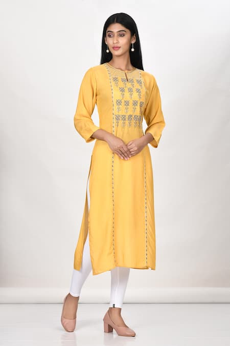 Khwaab by Sanjana Lakhani Yellow Cotton Silk Embroidered Floral Motifs Round Kurta 