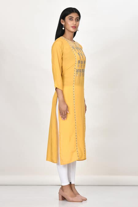 Khwaab By Sanjana Lakhani_Yellow Cotton, Silk Embroidery Round Neck Floral Motif Kurta_Online_at_Aza_Fashions