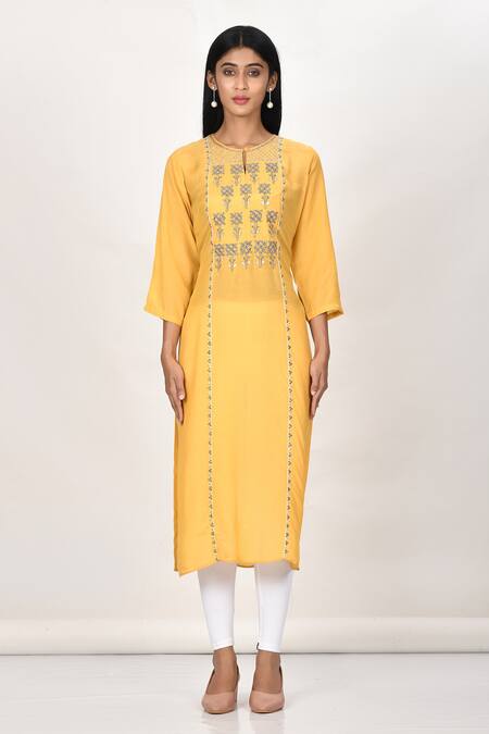 Buy_Khwaab By Sanjana Lakhani_Yellow Cotton, Silk Embroidery Round Neck Floral Motif Kurta_Online_at_Aza_Fashions