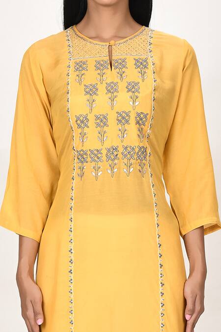 Shop_Khwaab By Sanjana Lakhani_Yellow Cotton, Silk Embroidery Round Neck Floral Motif Kurta_Online_at_Aza_Fashions