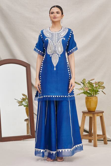 Buy_Ekta Singh_Blue Silk Organza Round Kurta Gharara Set _Online_at_Aza_Fashions