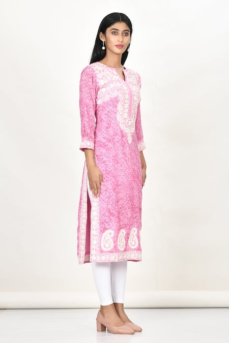 Khwaab By Sanjana Lakhani Pink Cotton, Silk Embroidery Split V-neck Polka Dot Printed Side Slit Kurta Online at Aza Fashions Khwaab By Sanjana Lakhani_Pink Cotton, Silk Embroidery Split V-neck Polka Dot Printed Side Slit Kurta _Online_at_Aza_Fashions