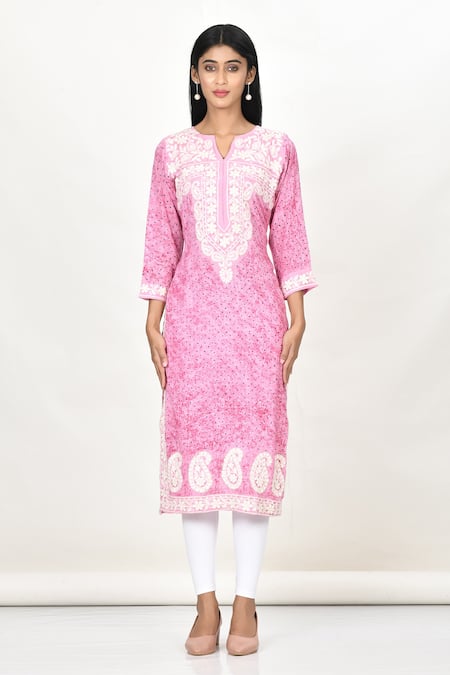 Buy Khwaab By Sanjana Lakhani Pink Cotton, Silk Embroidery Split V-neck Polka Dot Printed Side Slit Kurta Online at Aza Fashions Buy_Khwaab By Sanjana Lakhani_Pink Cotton, Silk Embroidery Split V-neck Polka Dot Printed Side Slit Kurta _Online_at_Aza_Fashions
