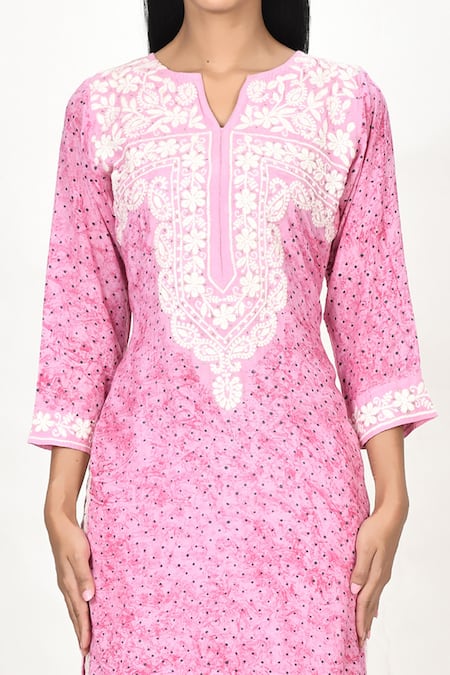 Shop Khwaab By Sanjana Lakhani Pink Cotton, Silk Embroidery Split V-neck Polka Dot Printed Side Slit Kurta Online at Aza Fashions Shop_Khwaab By Sanjana Lakhani_Pink Cotton, Silk Embroidery Split V-neck Polka Dot Printed Side Slit Kurta _Online_at_Aza_Fashions