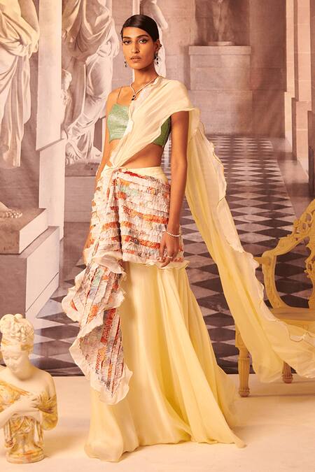 Gauri Dhawan_Yellow Cotton, Organza Fringe Gaia Pre-draped Saree_Online_at_Aza_Fashions