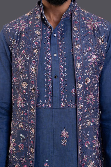 Buy_Raghavendra Rathore Jodhpur_Blue Silk Thread Embroidered Long Waistcoat_Online_at_Aza_Fashions
