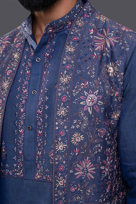 Shop_Raghavendra Rathore Jodhpur_Blue Silk Thread Embroidered Long Waistcoat_Online_at_Aza_Fashions