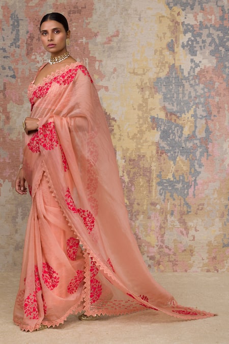 Devnaagri_Peach Raw , Organza Scoop Neck Embroidered Saree With Blouse _Online_at_Aza_Fashions