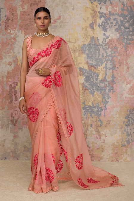 Buy_Devnaagri_Peach Raw , Organza Scoop Neck Embroidered Saree With Blouse _Online_at_Aza_Fashions