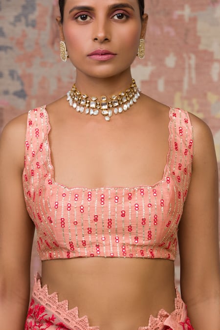 Shop_Devnaagri_Peach Raw , Organza Scoop Neck Embroidered Saree With Blouse _Online_at_Aza_Fashions