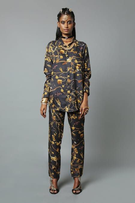 House Of Three_Black Viscose Satin Jewel Print Collared Neck Dravidian Shirt _Online_at_Aza_Fashions
