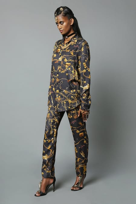 Buy_House Of Three_Black Viscose Satin Jewel Print Collared Neck Dravidian Shirt _Online_at_Aza_Fashions