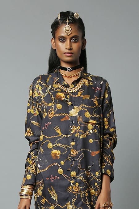 Shop_House Of Three_Black Viscose Satin Jewel Print Collared Neck Dravidian Shirt _Online_at_Aza_Fashions