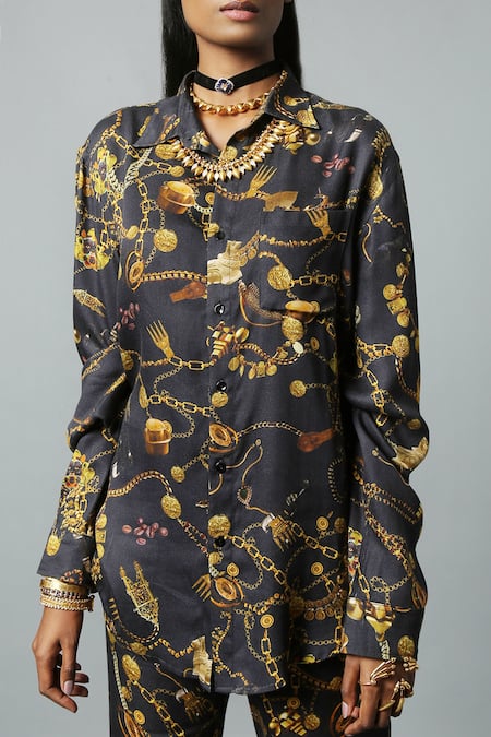 House Of Three_Black Viscose Satin Jewel Print Collared Neck Dravidian Shirt _at_Aza_Fashions