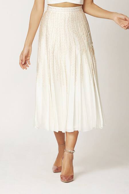 World Of RA_Beige 100% Bemberg, Lining 100% Viscose Pearl Motifs Print Midi Skirt _Online_at_Aza_Fashions