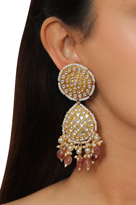 Shop_Riana Jewellery_Gold Plated Beads, Pearls, Stones Floral Pendant Choker Set _Online_at_Aza_Fashions