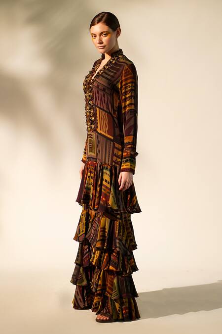 Nikita Mhaisalkar_Multi Color Georgette Mandarin Collar Placket Embellished Dress _Online_at_Aza_Fashions