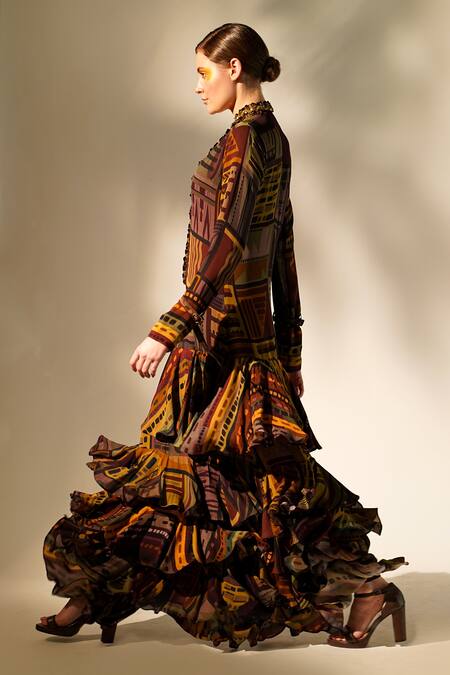 Shop_Nikita Mhaisalkar_Multi Color Georgette Mandarin Collar Placket Embellished Dress _Online_at_Aza_Fashions