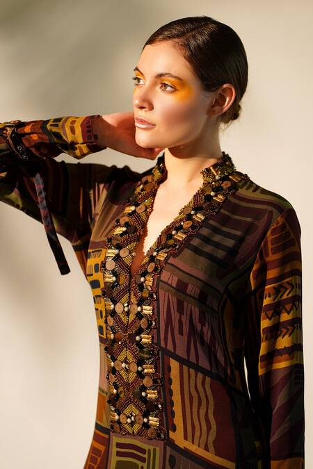 Nikita Mhaisalkar_Multi Color Georgette Mandarin Collar Placket Embellished Dress _at_Aza_Fashions